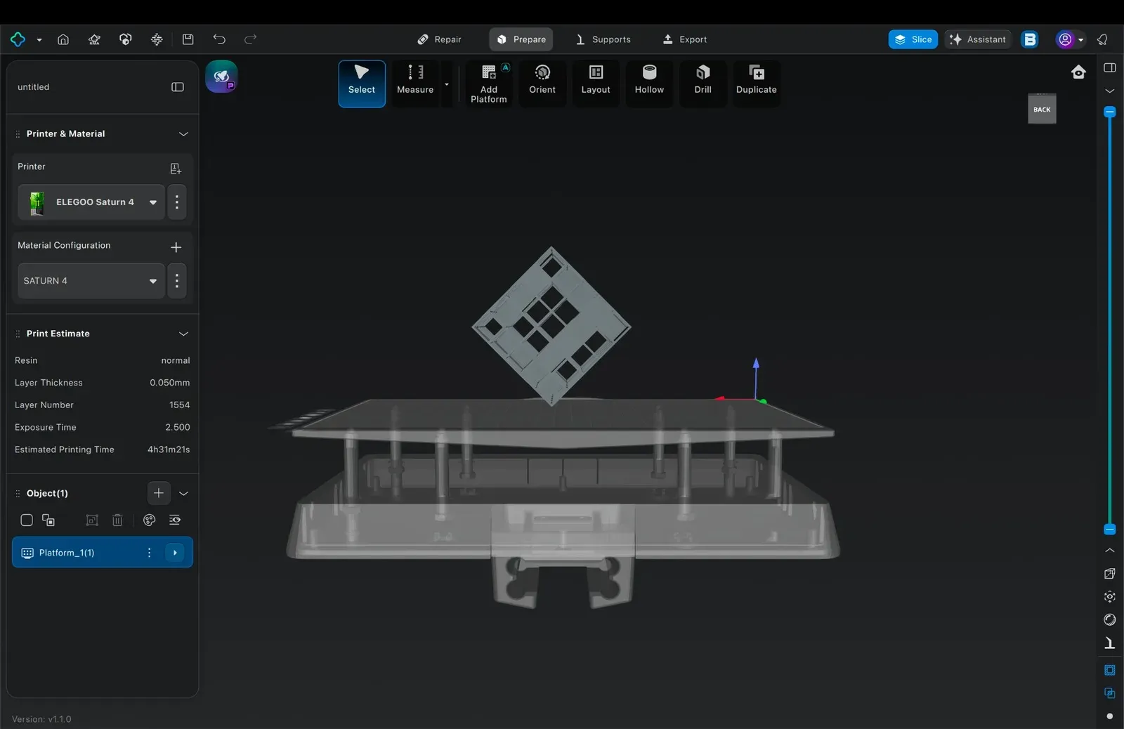 Chitubox slicer showing FAB cube model on ELEGOO Saturn 4 build platform