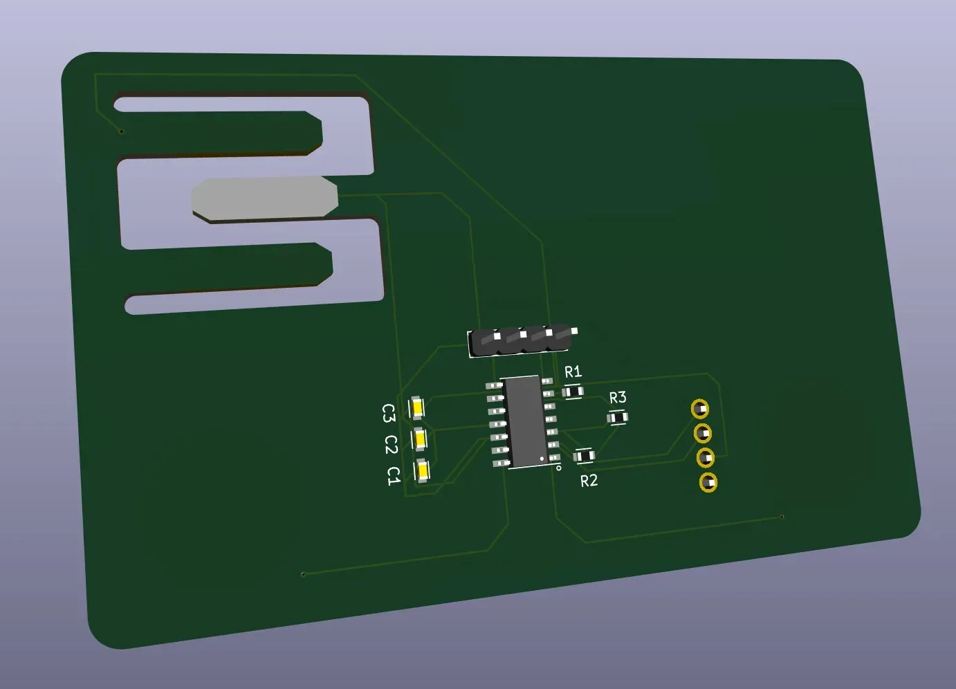 KiCad 3D render of the business card PCB back side showing ATSAMD11C14A, resistors, capacitors, and SWD header