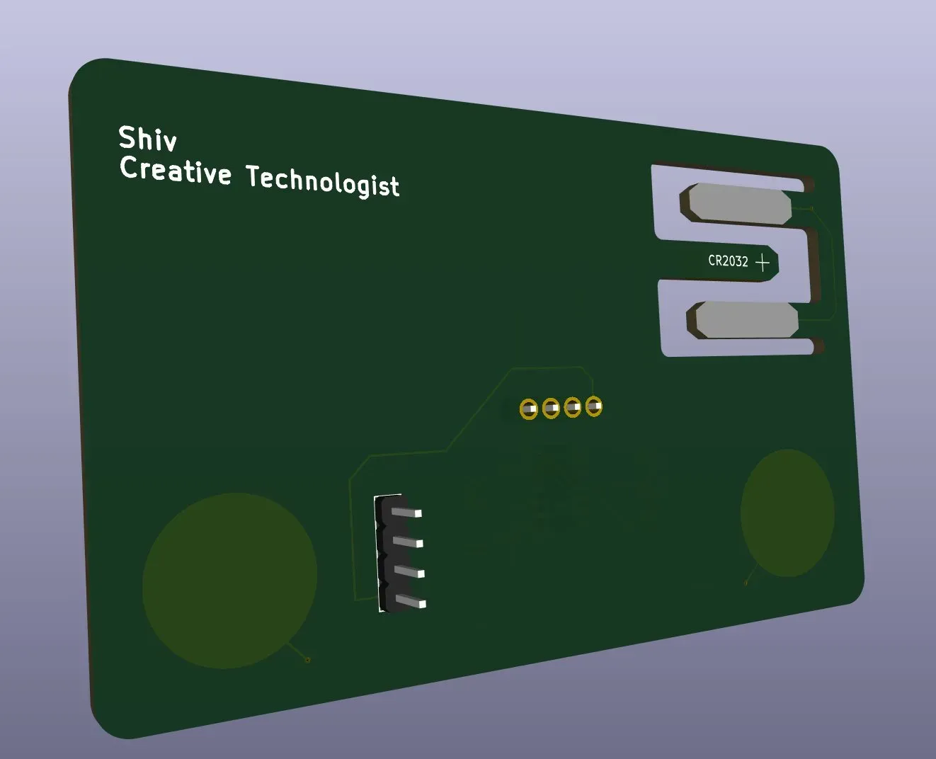 KiCad 3D render of the business card PCB front side showing silkscreen, touch pads, CR2032 holder, and OLED connector