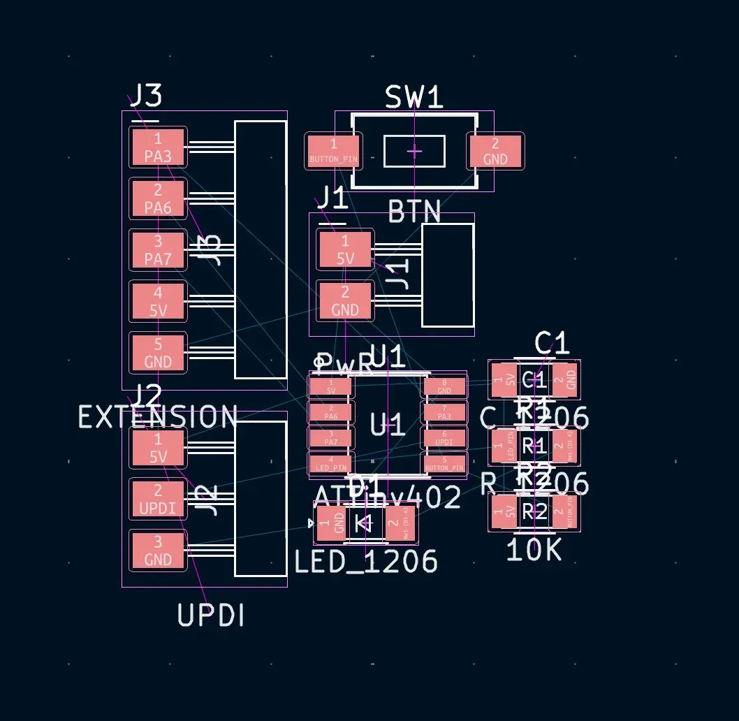 PCB layout of ATtiny402 board showing all component footprints with ratsnest connections