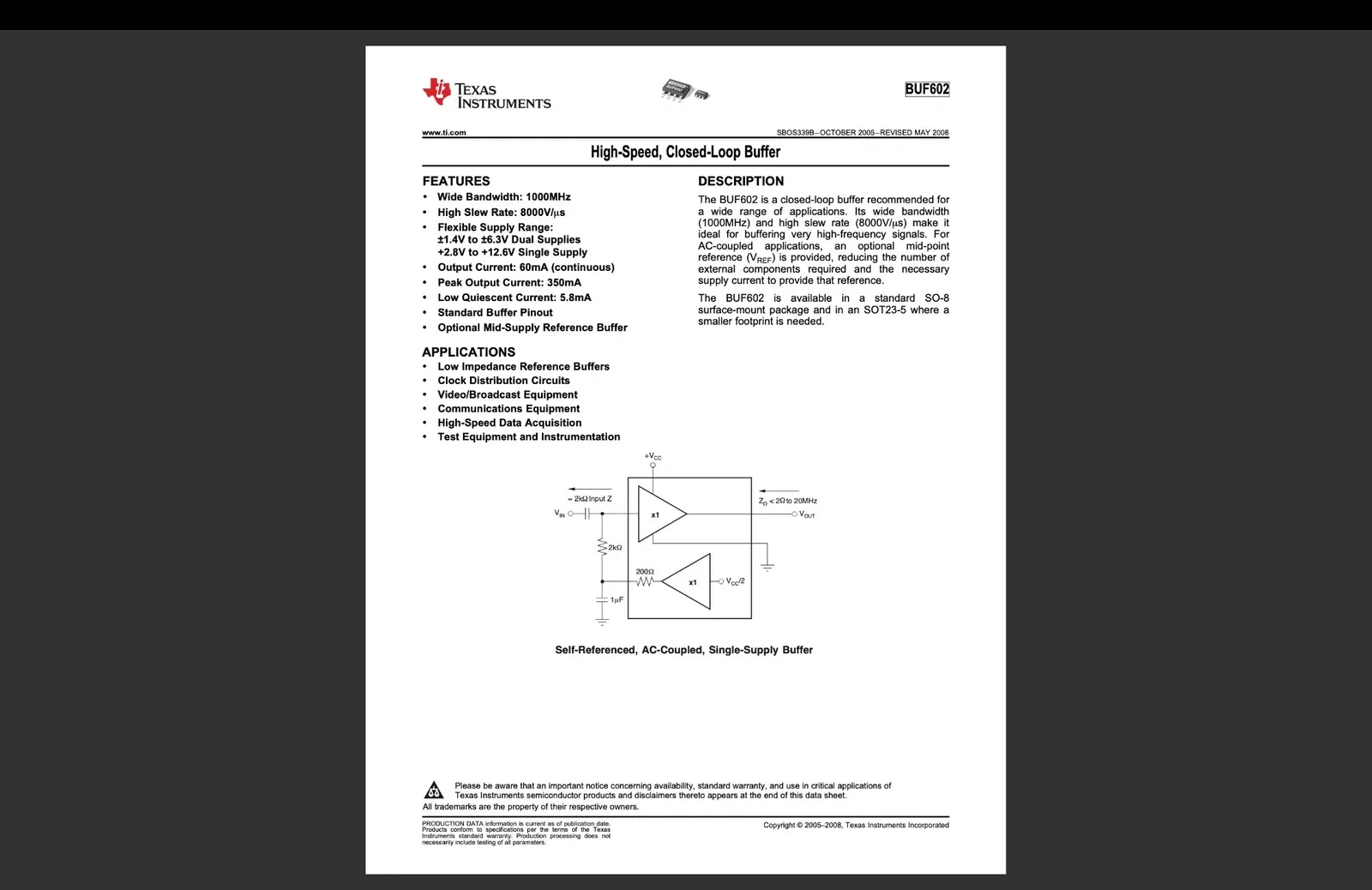 BUF602 datasheet from Texas Instruments showing features, description, and application circuit