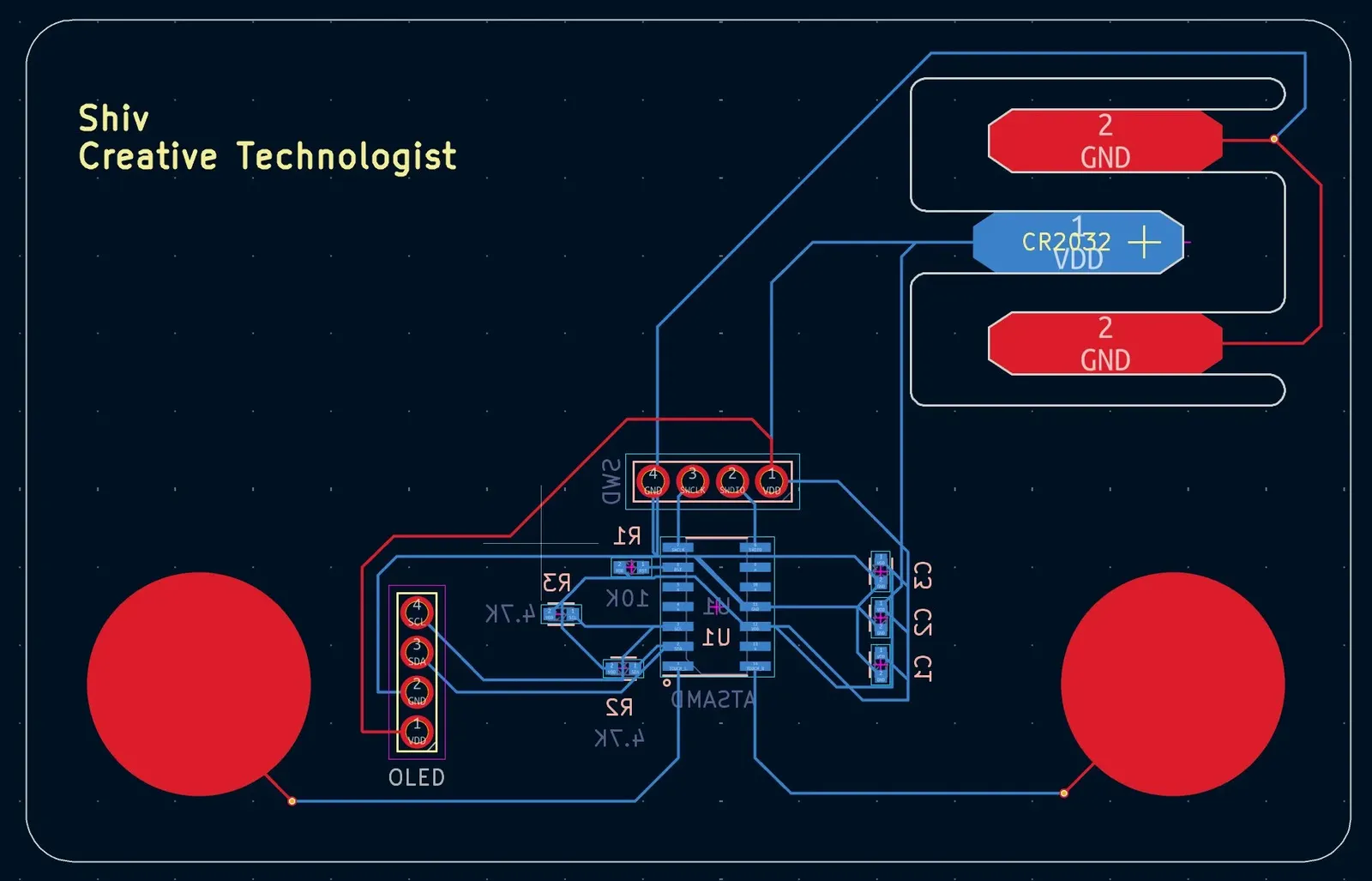 PCB layout of interactive business card showing ATSAMD microcontroller, OLED connector, capacitive touch pads, CR2032 battery, and NFC tag