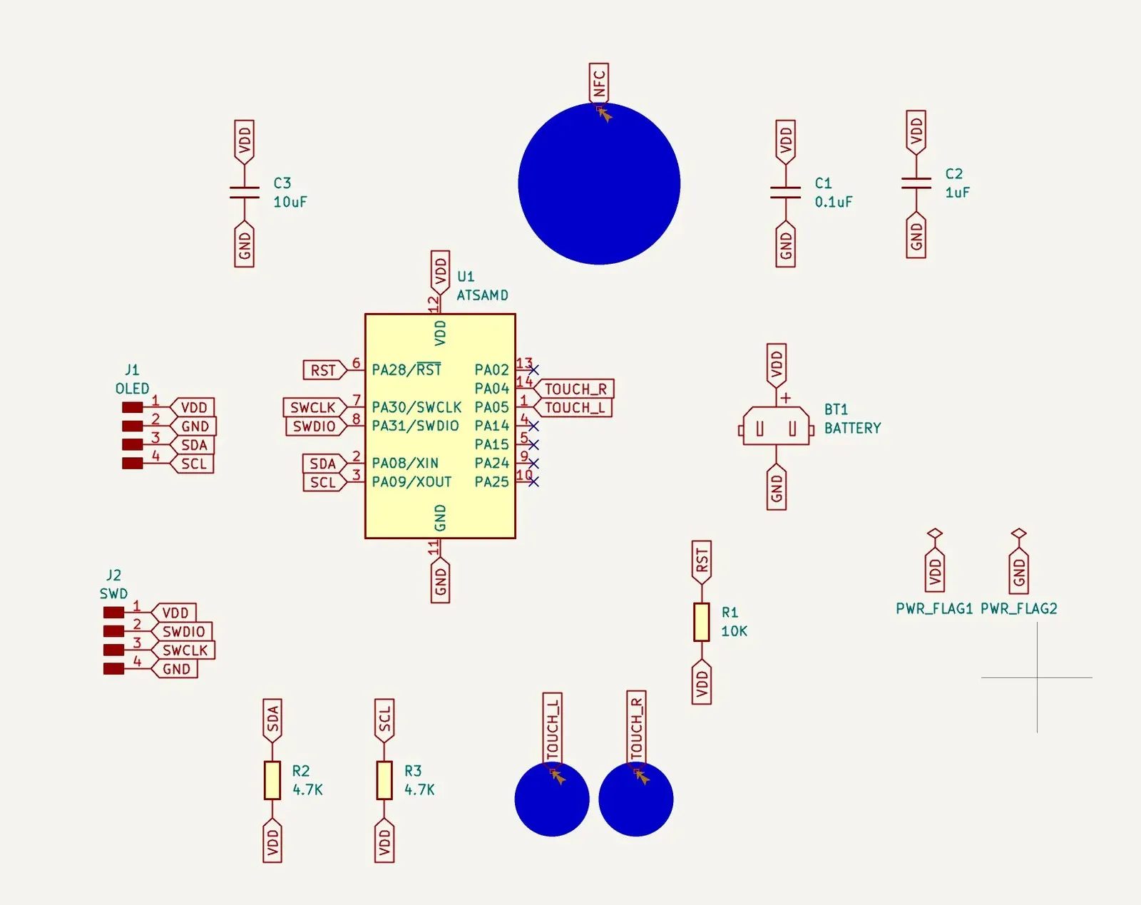 KiCad schematic of the PCB business card showing ATSAMD11C14A, OLED, touch pads, NFC, CR2032 battery, and SWD programming header