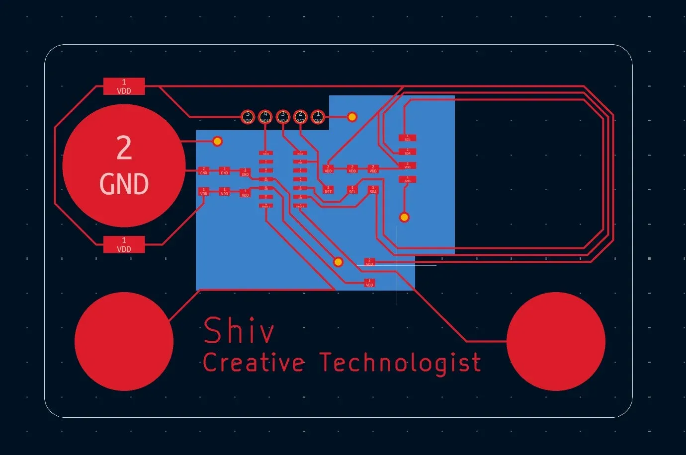 Revised PCB layout, single-sided routing with ground plane fill on back copper, 0Ω bridge, battery holder footprint, Shiv / Creative Technologist silkscreen