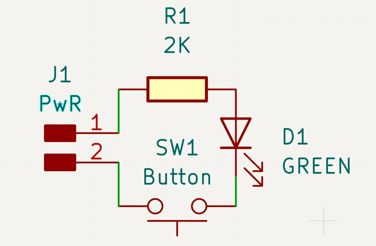 Simple KiCad schematic with power connector J1, 2K resistor R1, green LED D1, and tactile button SW1