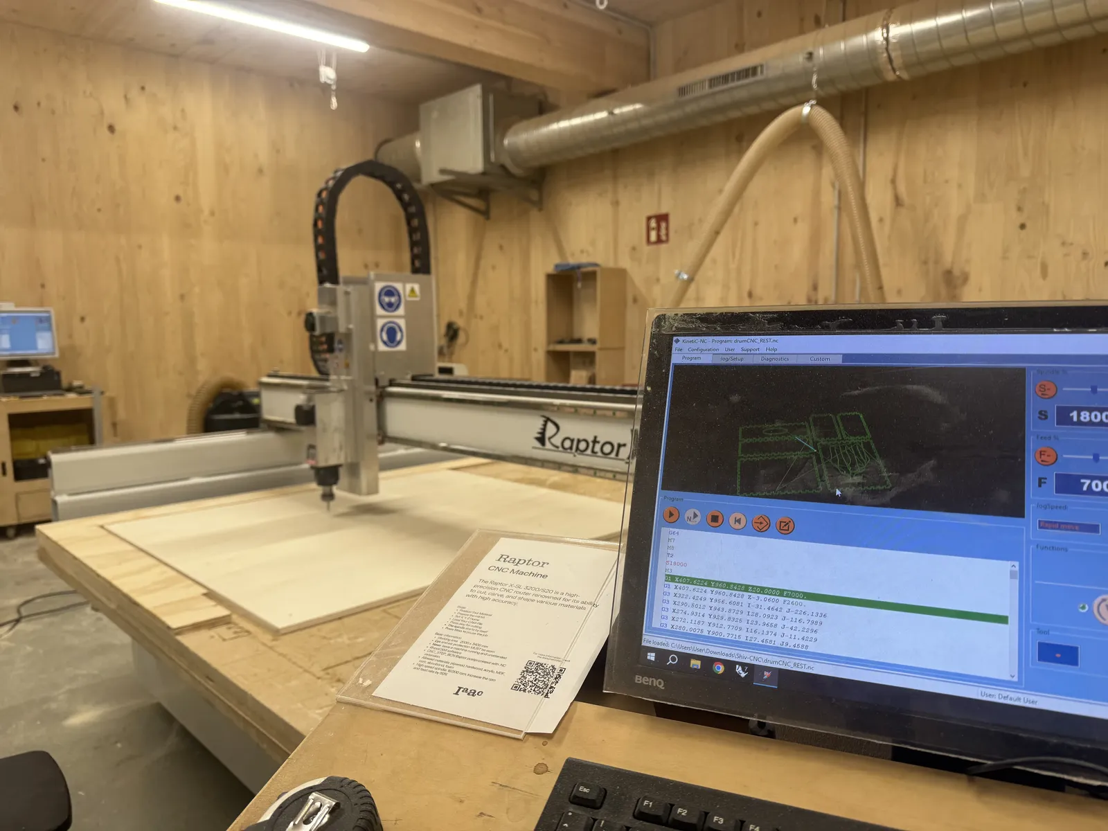 Raptor CNC machine at Fab Lab Barcelona with G-code loaded on the BenQ controller