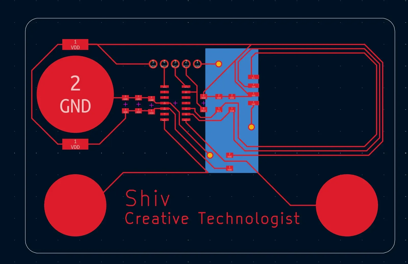KiCad PCB layout, OLED footprint blue, ATSAMD11 centre, touch pads bottom