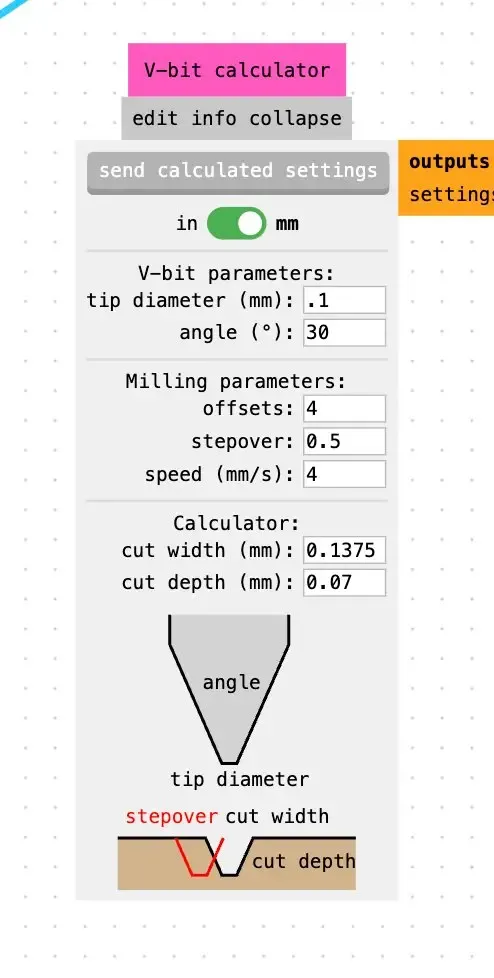 V-bit calculator, 30° angle, 0.1mm tip, 0.1375mm cut width