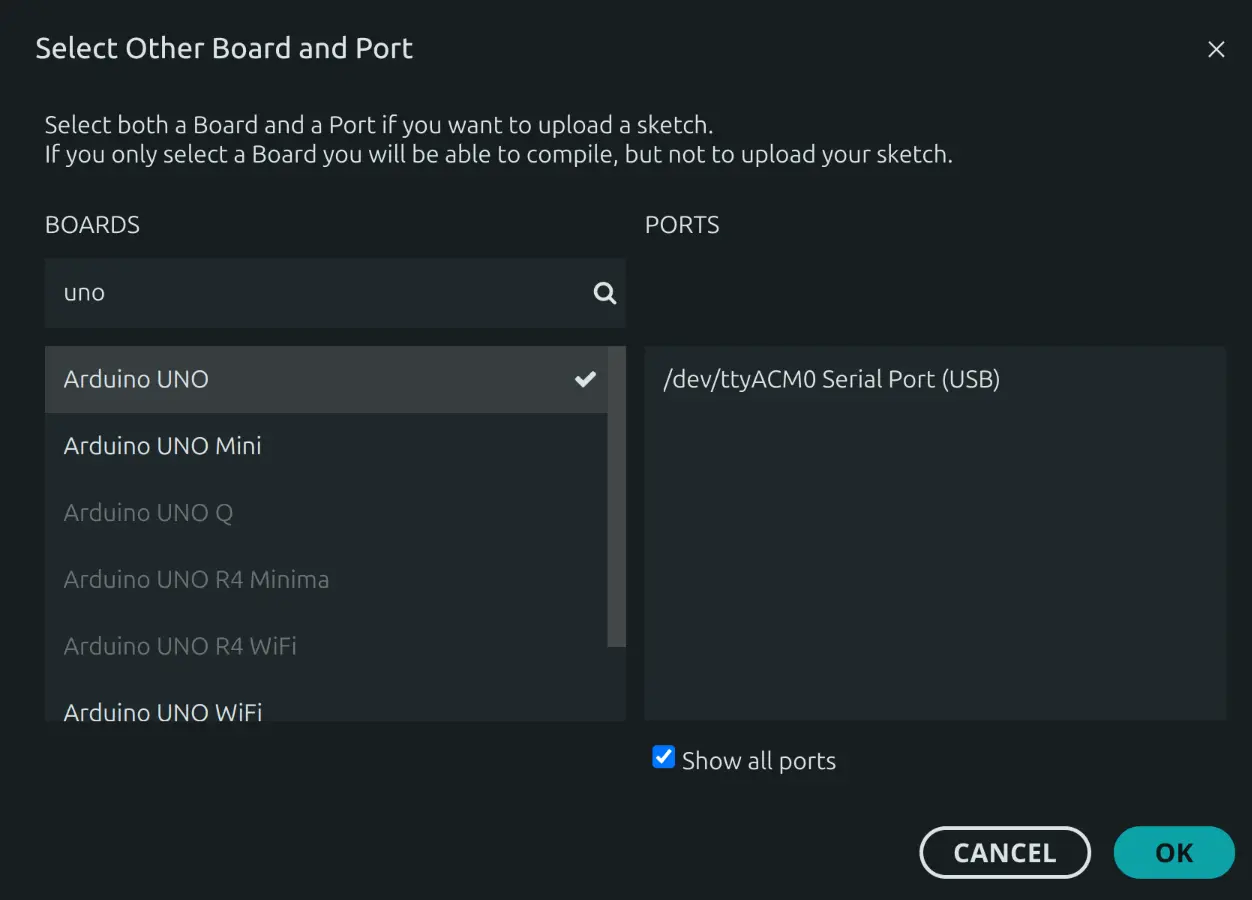 Arduino IDE board and port selection