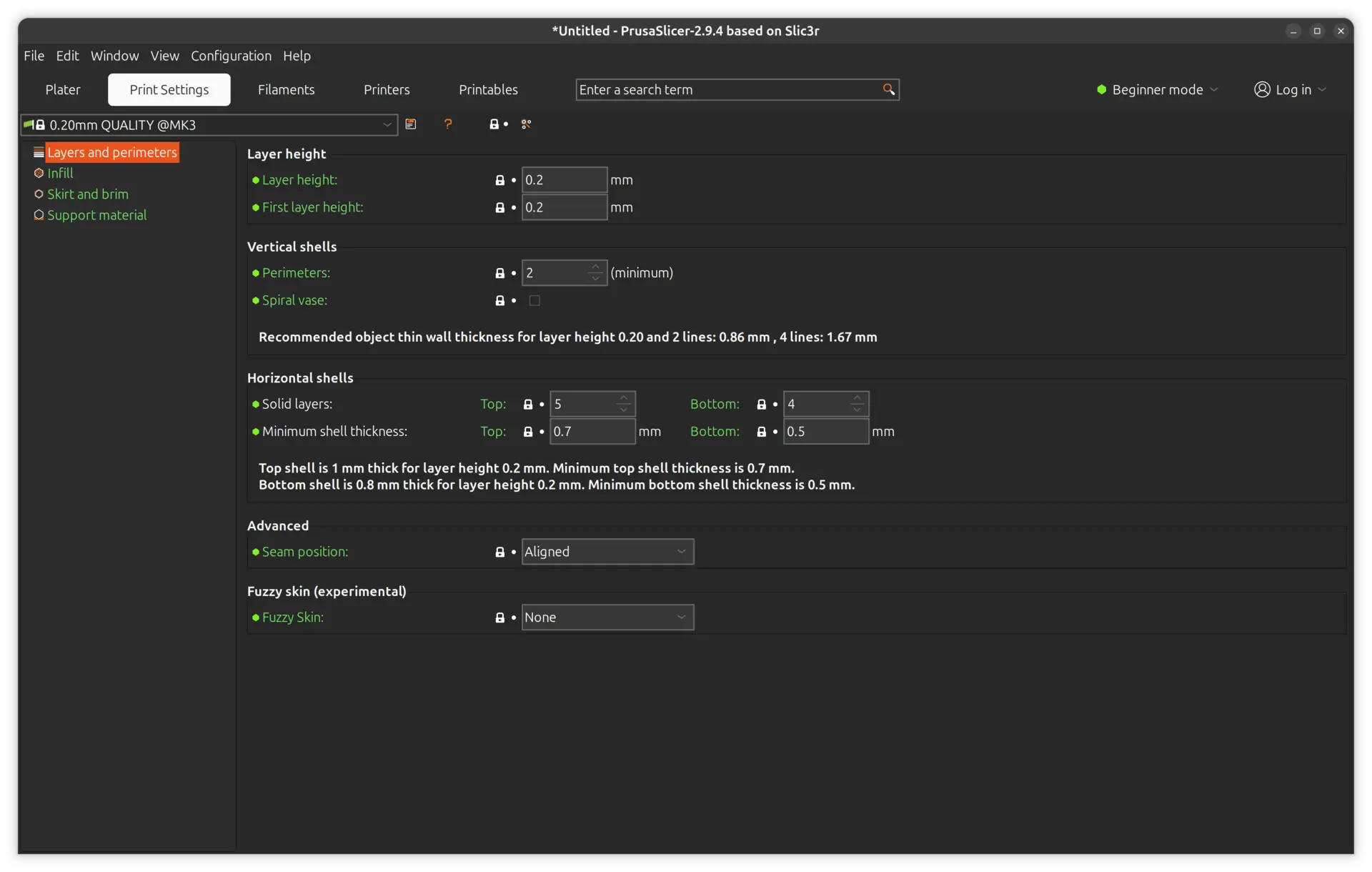 Layers and Perimeters settings