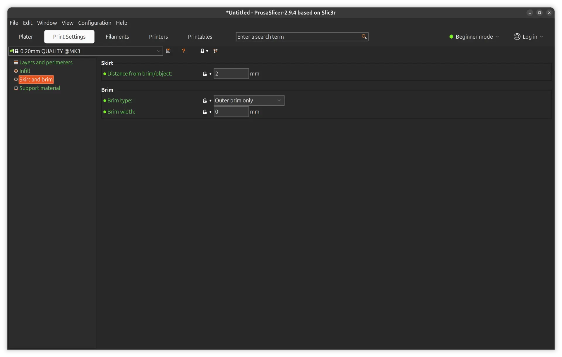 Skirt and brim settings