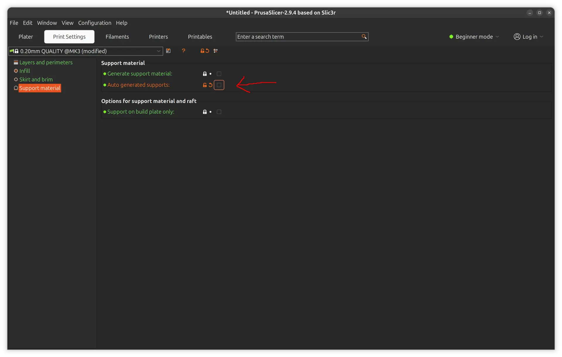 Support material settings