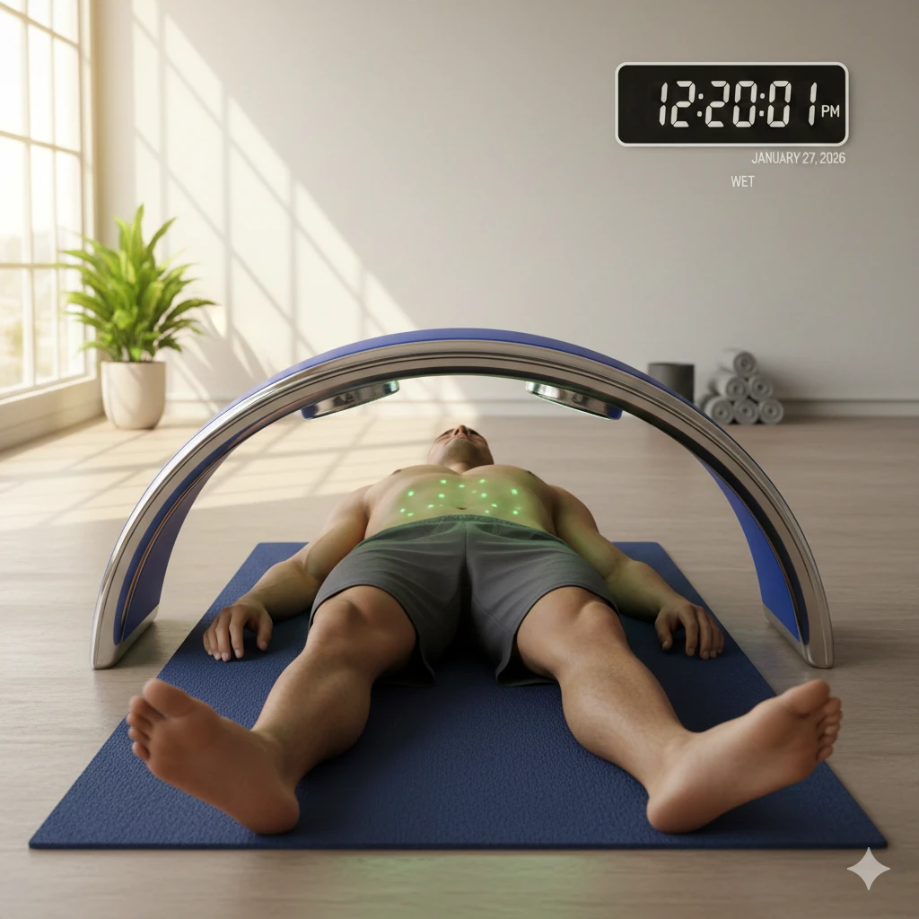 prompt: Provide an image of a man, lying down straight on a yoga mattress, wearing nothing but shorts, with a device that looks that scans the body. The device looks like a half circle that is slightly wider than shoulder length. One tip of the device is placed near the right shoulder and the other tip is placed near the left shoulder