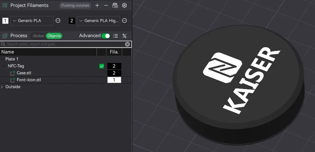 Filament selection in Bambu Studio step 1