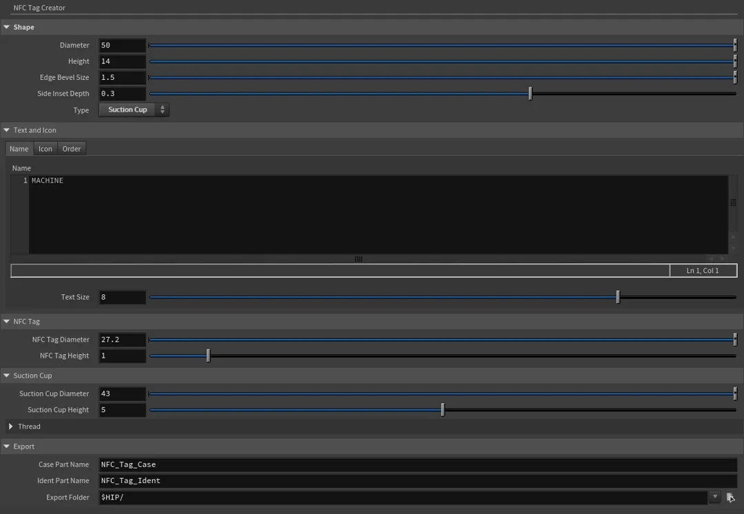Houdini OTL parameter values for the customizable NFC tag preset