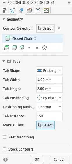 2D contour tab settings in Fusion 360