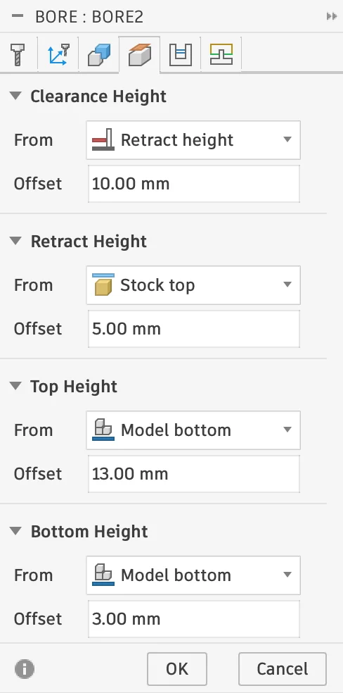 Bore height settings in Fusion 360