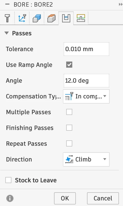Bore passes settings in Fusion 360