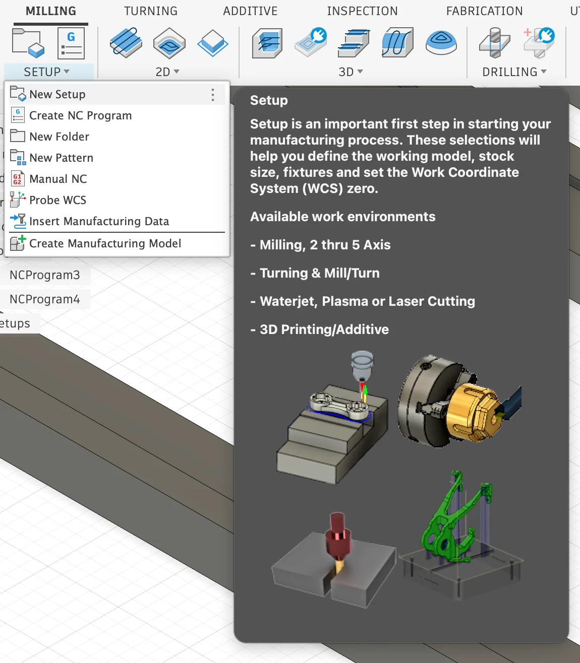 Create setup dialog in Fusion 360 Manufacturing workspace