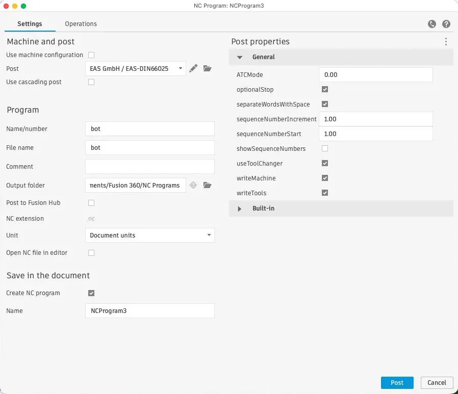 NC job export settings in Fusion 360