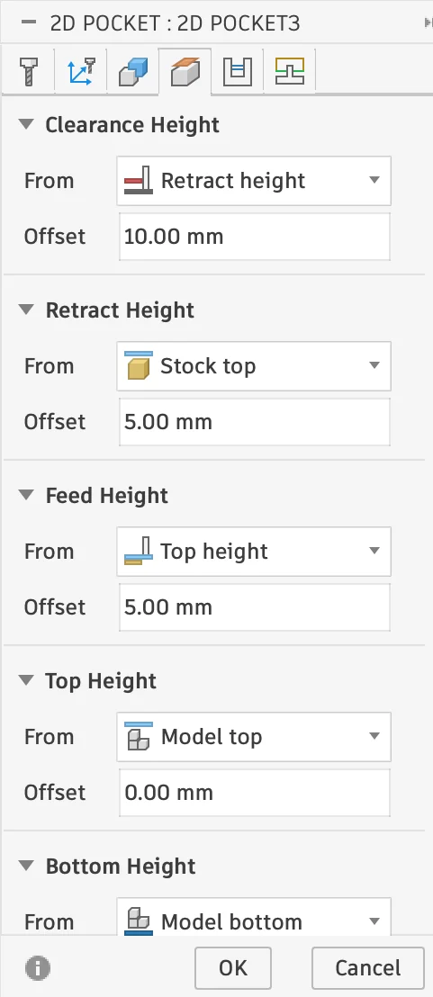 2D pocket height settings in Fusion 360