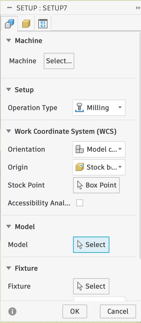 Setup settings for a Fusion 360 milling job