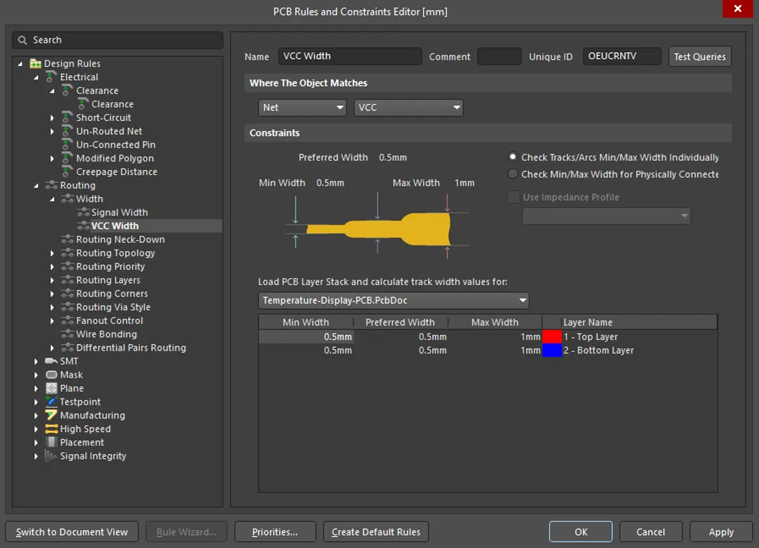 VCC net rules configuration