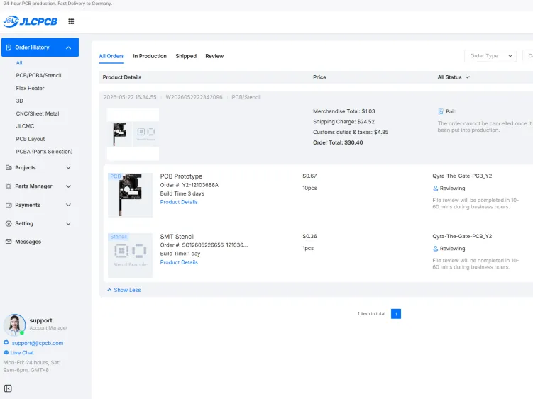 JLCPCB order overview