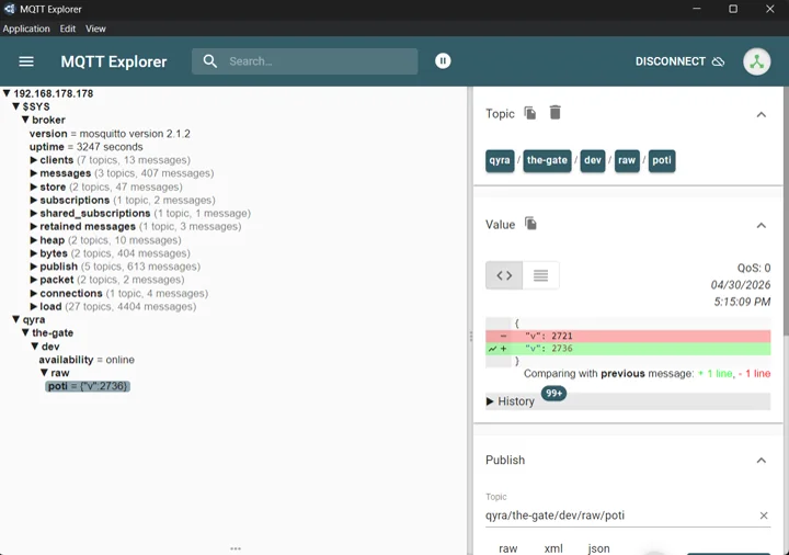 MQTT Explorer showing live broker topics and potentiometer payloads