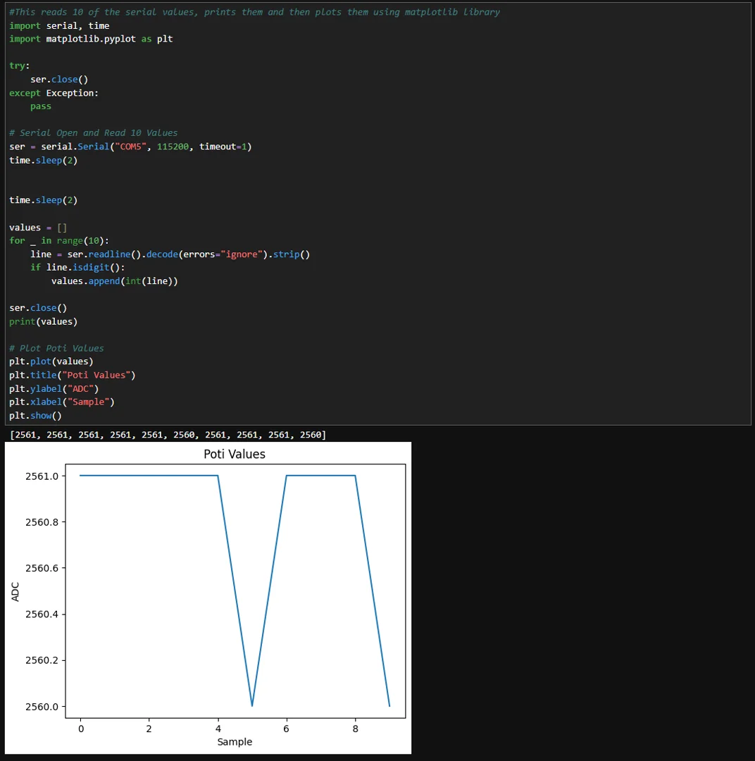 Matplotlib plot generated from ten potentiometer values
