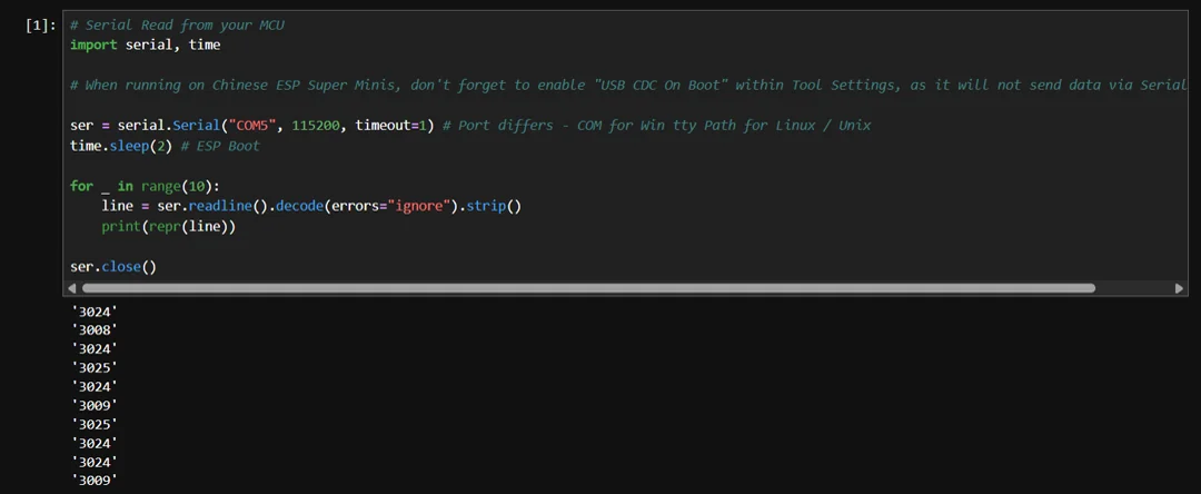Jupyter Notebook reading raw serial values from the ESP32