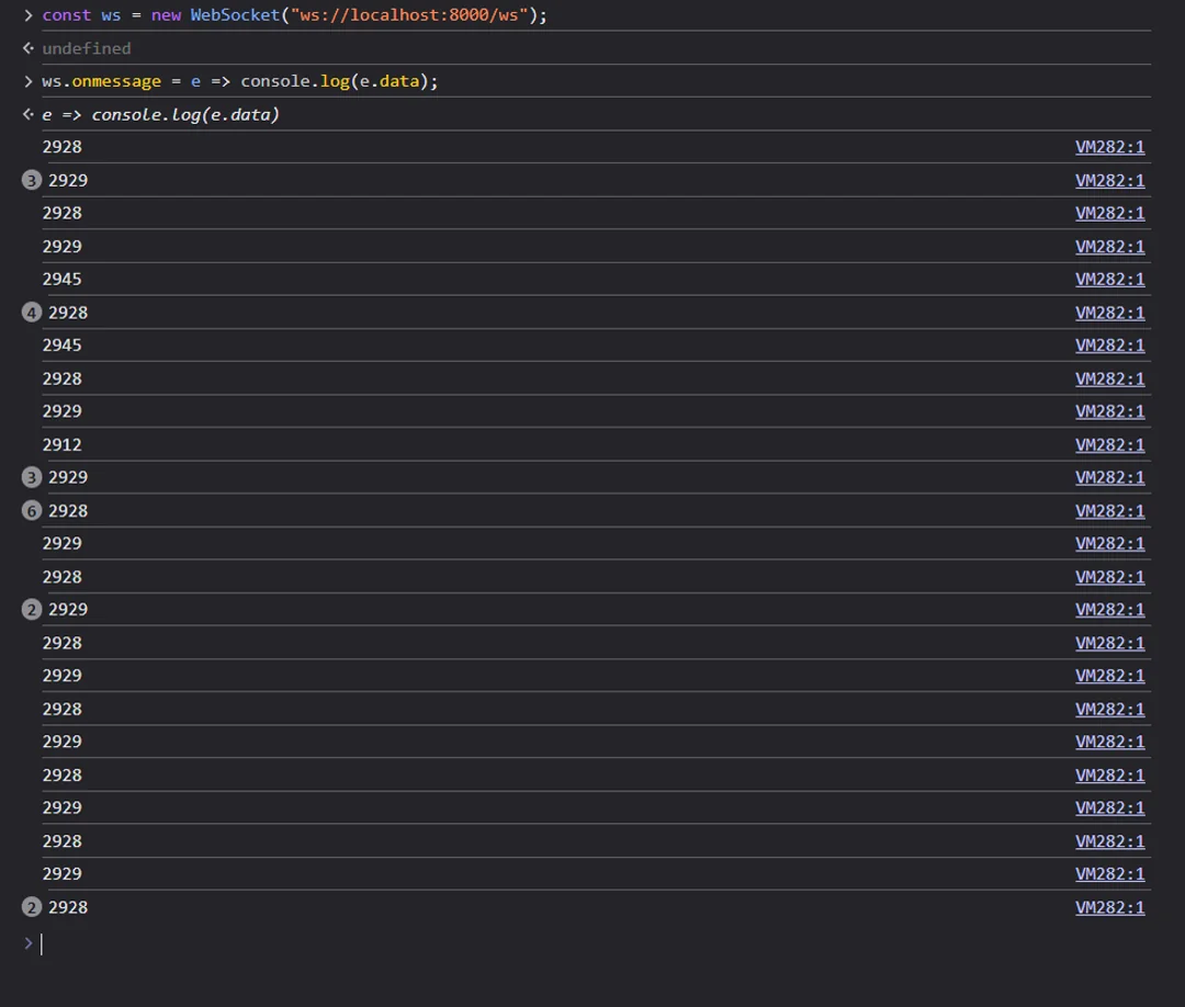 Browser console receiving WebSocket values from the FastAPI server