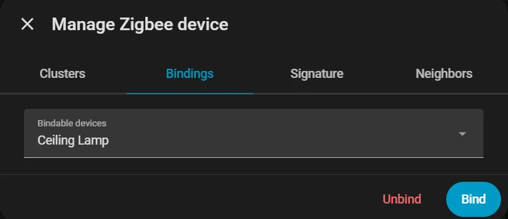 Binding the Poti Controller to the Ceiling Lamp in ZHA
