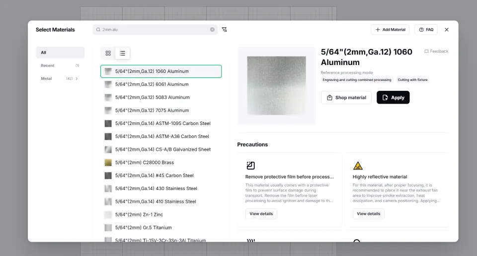 xTool Studio material preset for 2 mm 1060 aluminum