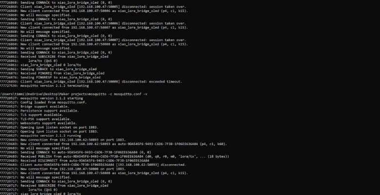 Mosquitto MQTT broker running — connection and subscription logs