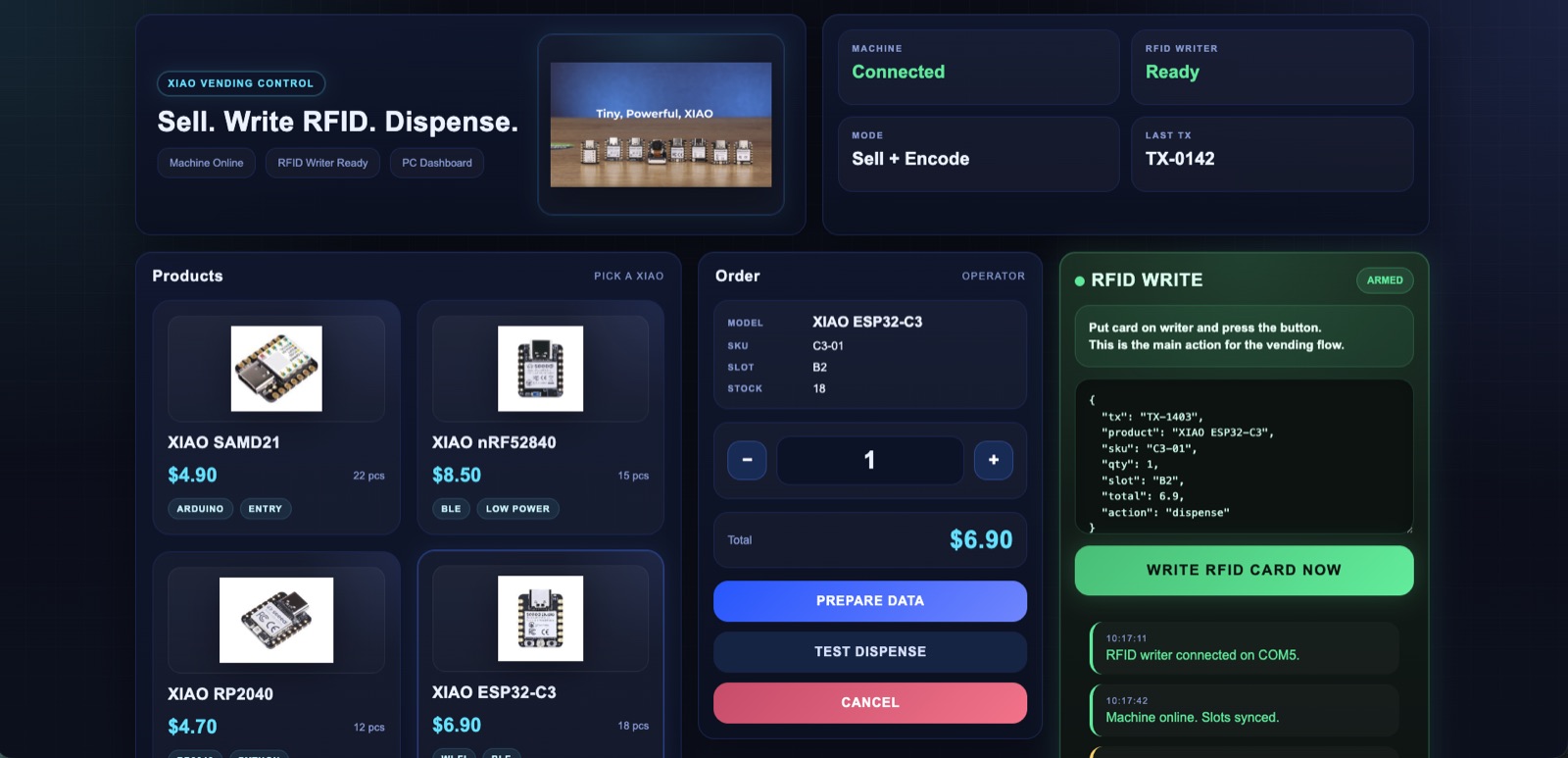 PC backend dashboard mockup for the XIAO vending machine