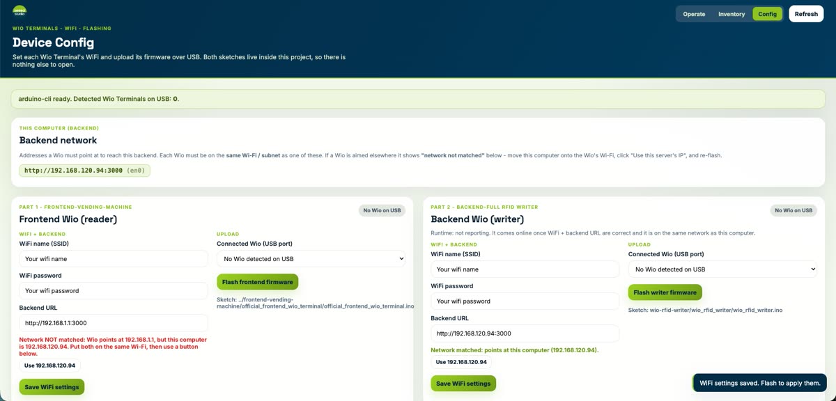 Backend Config page — flash frontend reader and backend writer Wio Terminals