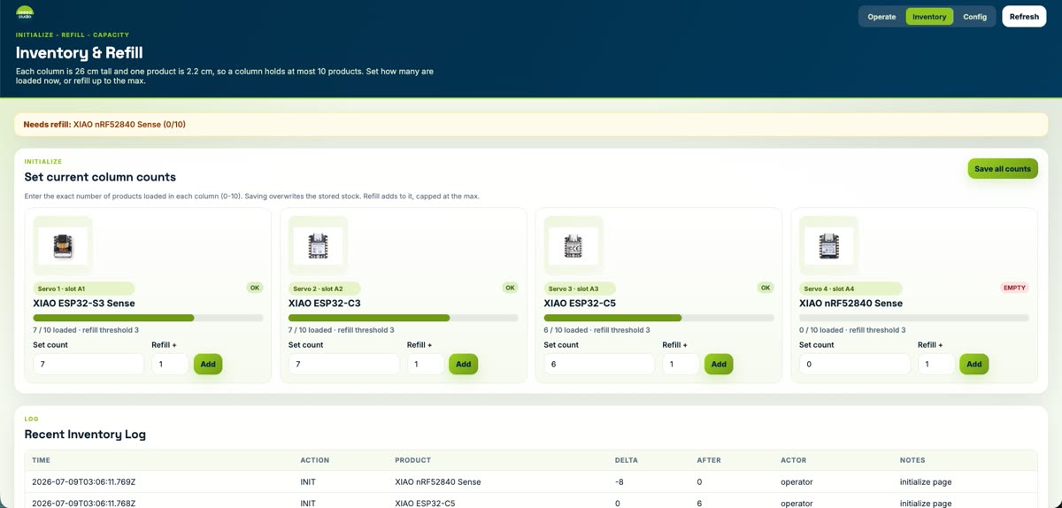 Backend Inventory page — four XIAO columns with stock bars