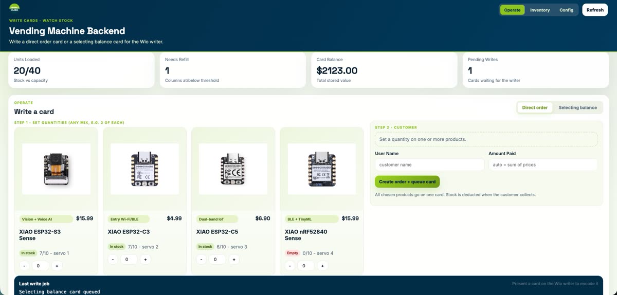 Live operator dashboard — Operate page for writing order and balance cards