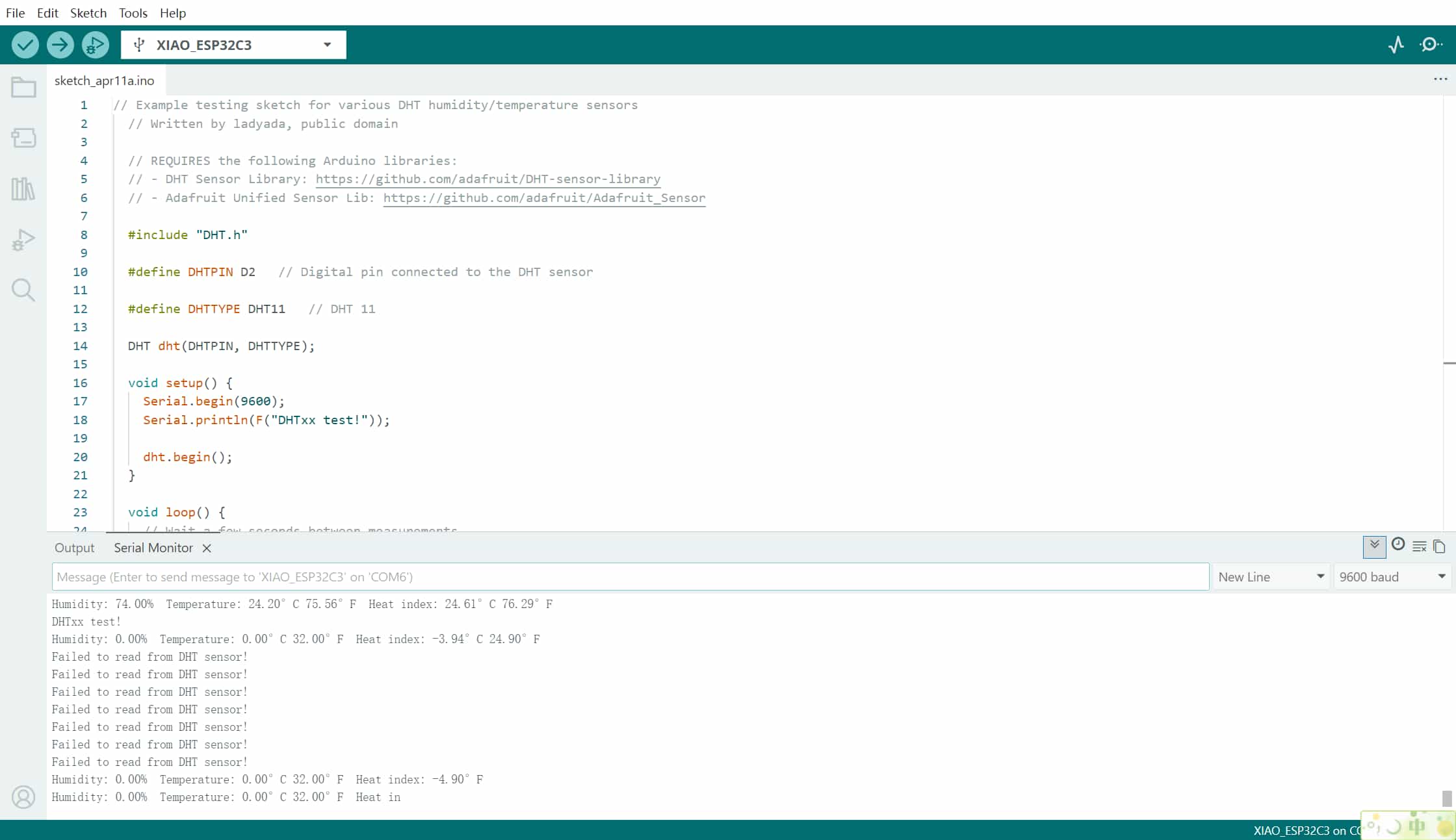 Arduino IDE: DHT sketch and inconsistent Serial Monitor readings