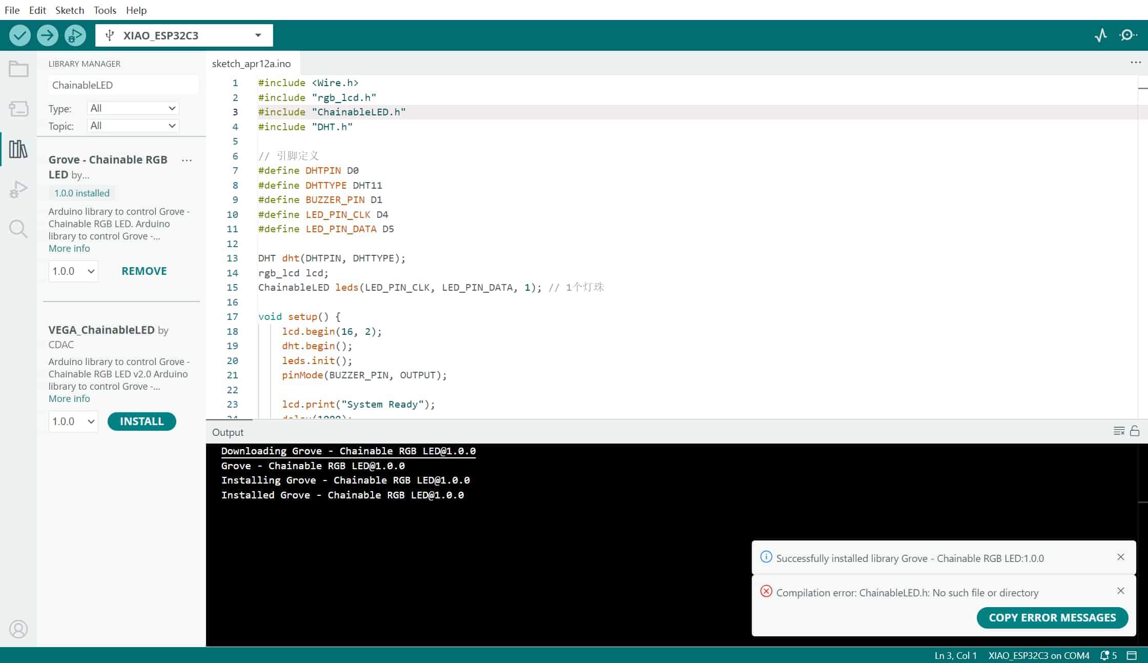 Arduino IDE: shield RGB / ChainableLED compile and library troubleshooting