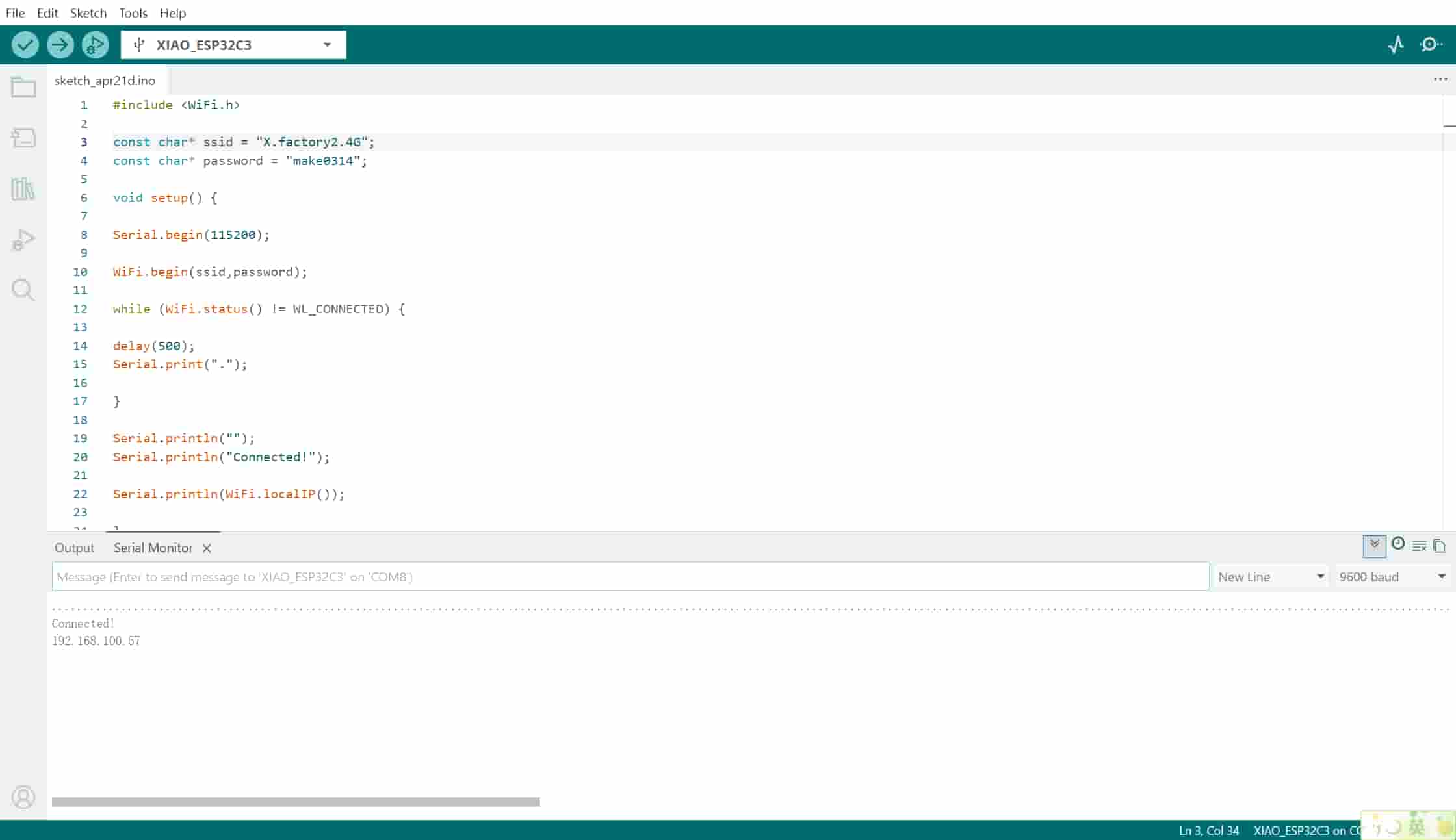 Arduino IDE: Wi-Fi test sketch and Serial Monitor showing Connected! and local IP