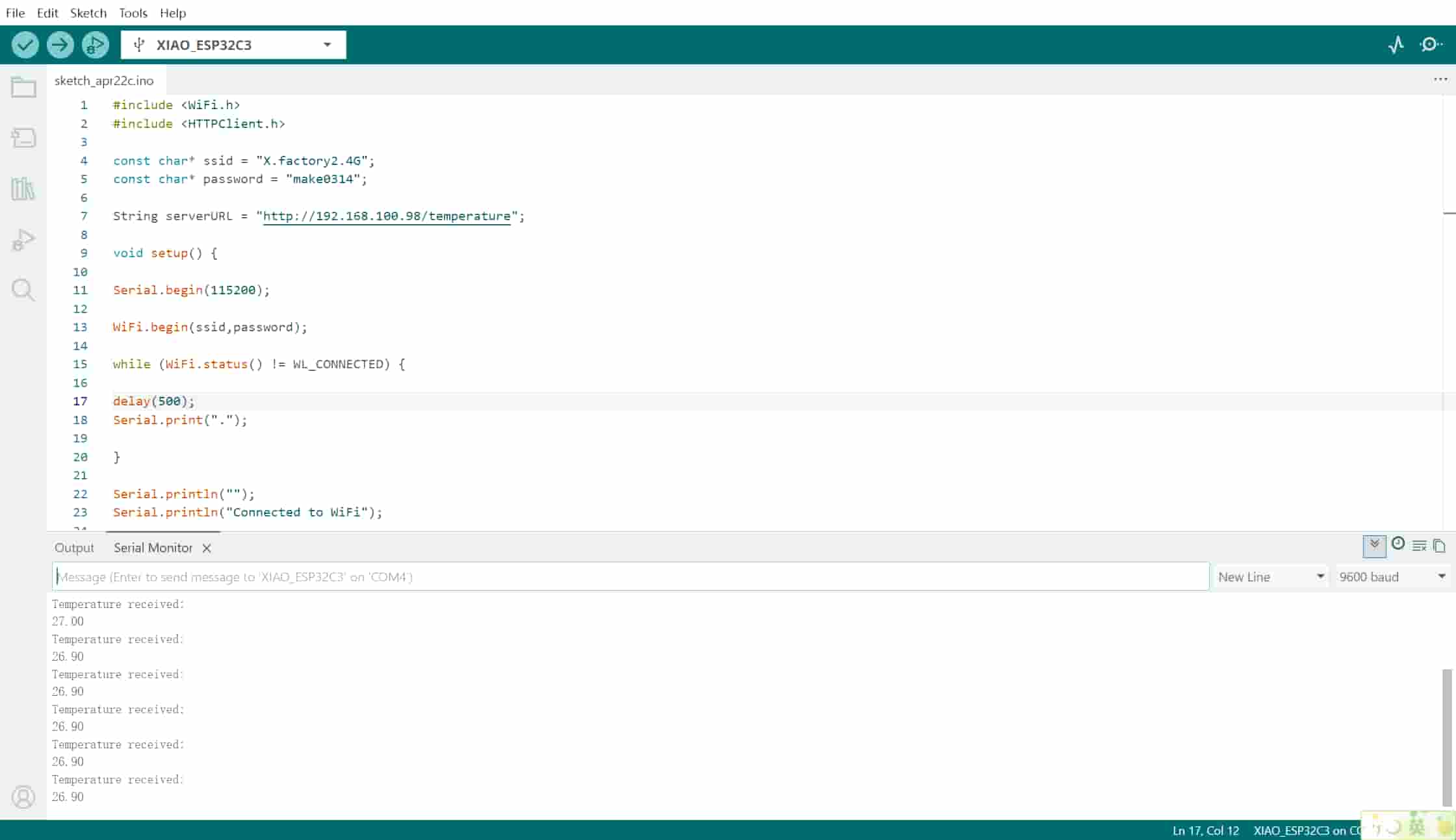 Arduino IDE: client board connected to Wi-Fi and receiving temperature data over HTTP