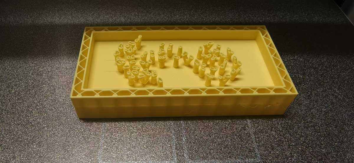 3D print in progress: dense auto-generated supports inside the tray