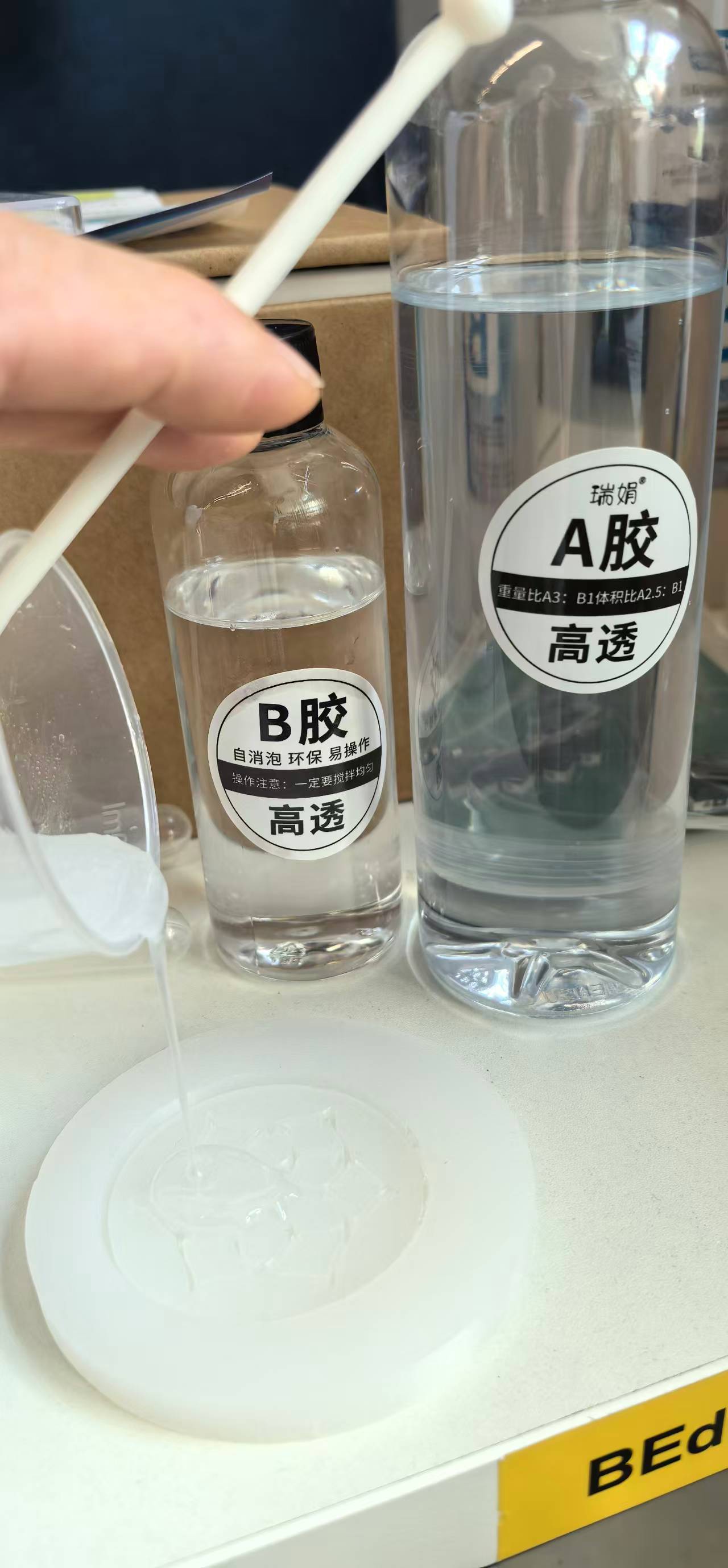 Pour AB resin into silicone mold