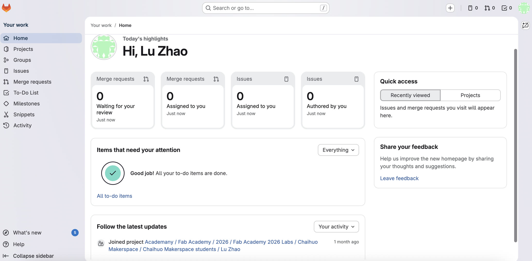 GitLab Home - Hi, Lu Zhao