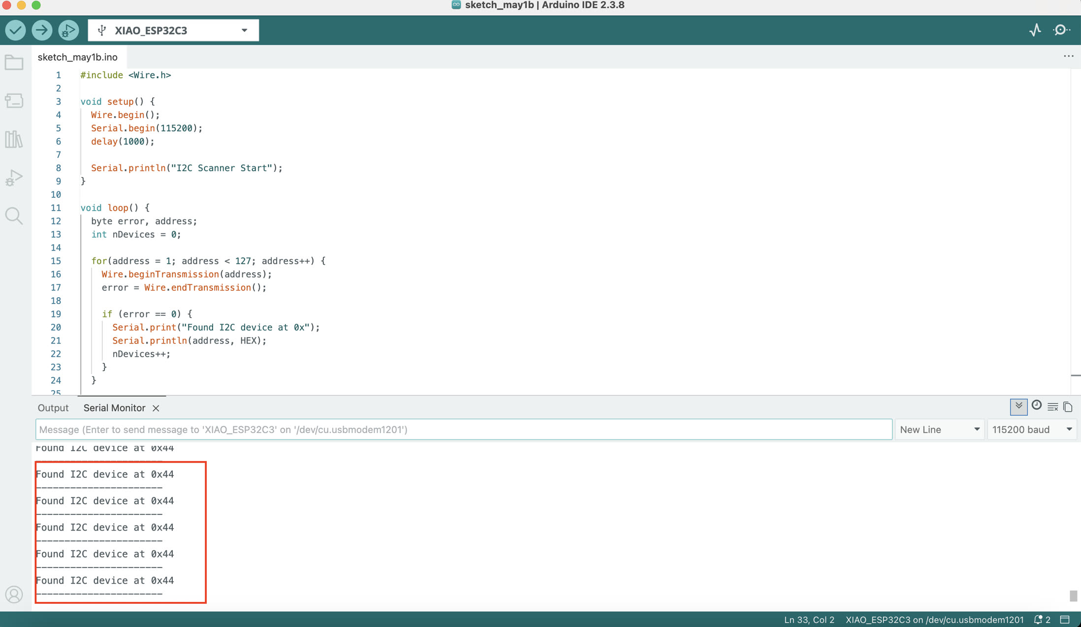 I2C scanner success at 0x44