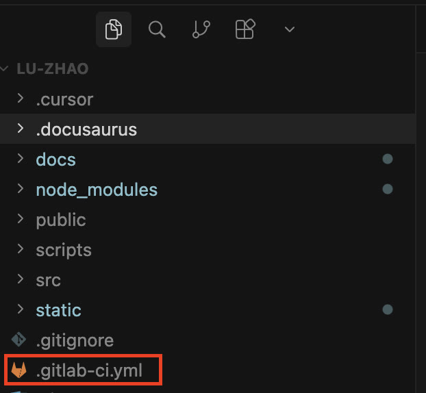 Cursor file tree showing .gitlab-ci.yml