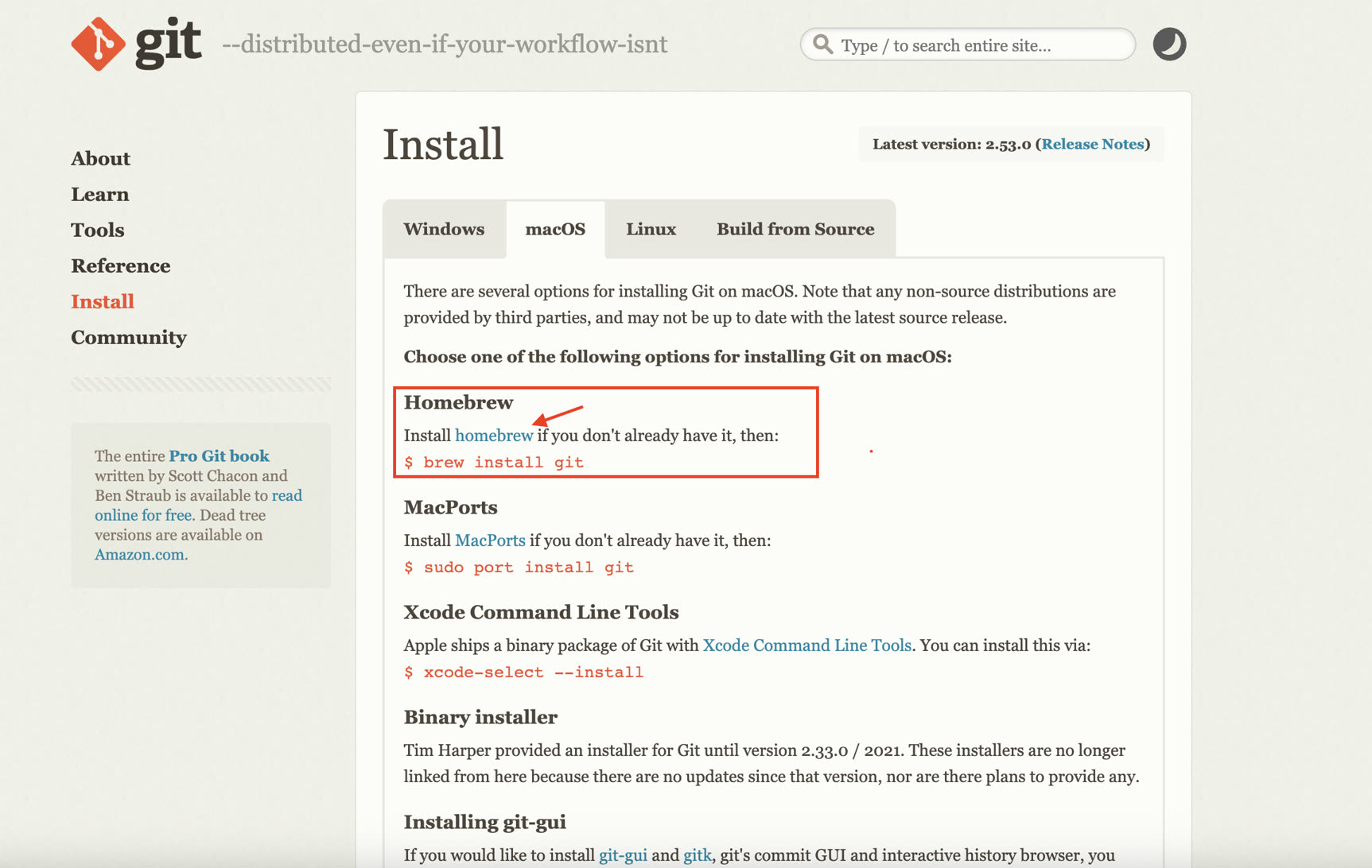 Git install page - Homebrew option