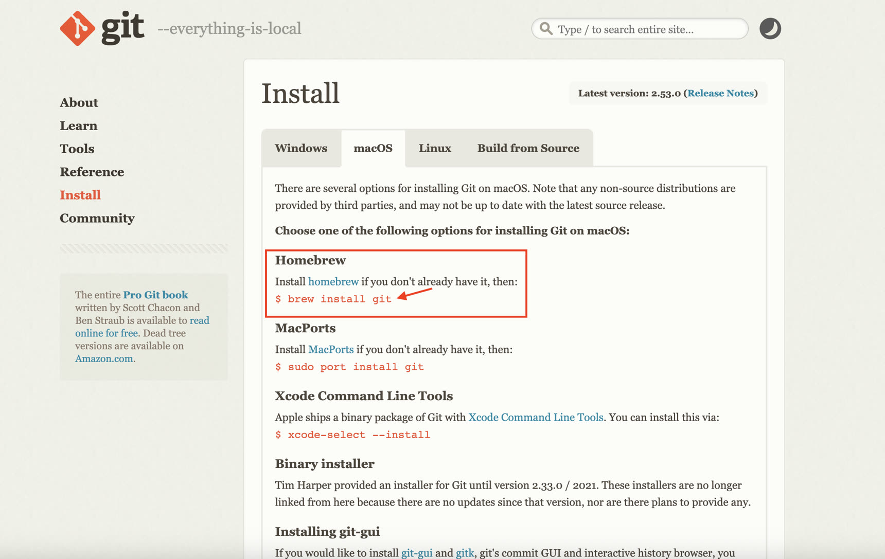 Git install page - brew install git